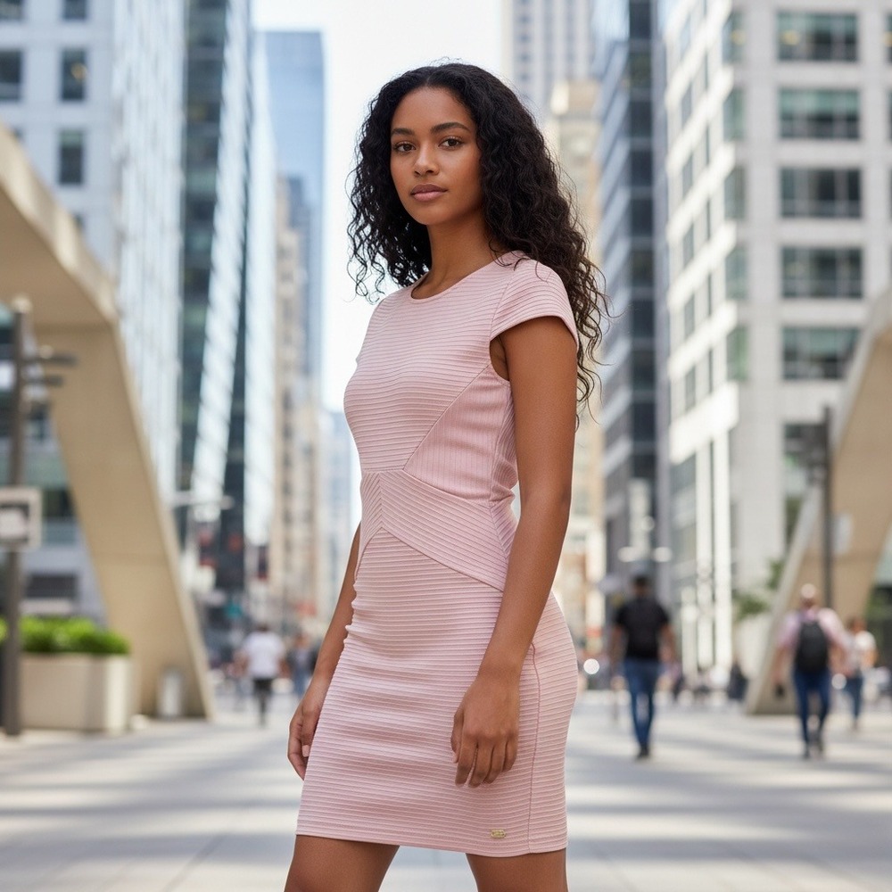 Guess Womens Pink Ribbed Bandage Bodycon Mini Dress Cap Sleeve XS pastel blush